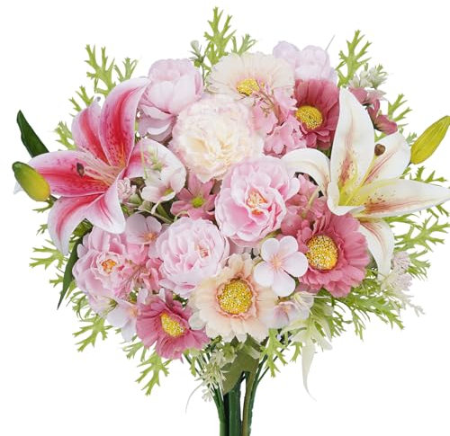 Luabue Bouquet de Fleurs Artificielles roses Œillets Lys Pivoines, Champagne Chrysanthèmes et Plantes Aquatiques Faux Fleurs Décoration pour Mariage Fête des Mères et Décoration D'intérieur