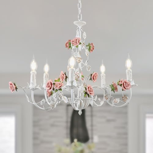 meibeileil Blanco Lampara Colgante Vintage,Metal lamparas de techo salon colgantes Con Rosas De CeráMica,Lampara ArañA De Vela E14 Para Comedor Dormitorio salon Sala De Estar Cocina,5 Luces