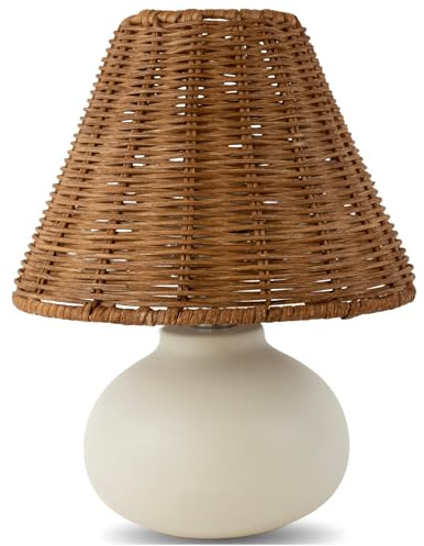 ora bamboo 11 Small Table Lamp â Handmade Ceramic Cream Base with Wicker Rattan Shade, Dimmable Plug-in Nightstand Light for Bedroom, Kitchen Counter, or Small Spaces â Boho Japandi Organic Decor