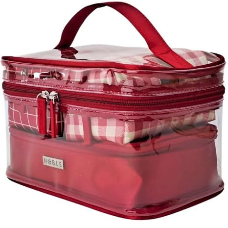 Edles 4-teiliges Kosmetiktaschen-Set, rote Klarsichtbox, Karierter Organizer