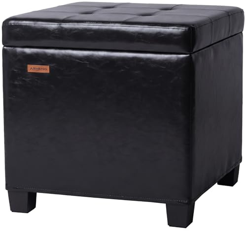 ABHENG Sgabello Pouf Contenitore con rivestimento in pelle sintetica e struttura in acciaio, 45 x 45 x 45 cm Pouf Cubo Portante di 300 kg, Poggiapiedi, Nero ASND63B