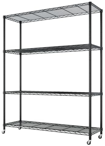 Bonnlo Regal mit Rollen, 4 Gitterböden und Höhenverstellbaren Einlegeböden, Metallregal, Lagereinheit, Küchenregal, Kellerregal, 117 x 45 x 165cm, Schwarz