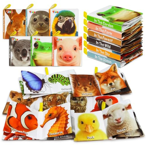 Taika 6PCS Soft Books, Cloth Books, Bath Toy, Preschool Learning Toy | Washable Non-toxic, Soft Fabric Shower Toy, Wild Wonders World, Educational Learning for Baby Infant, Crinkle Squeaky