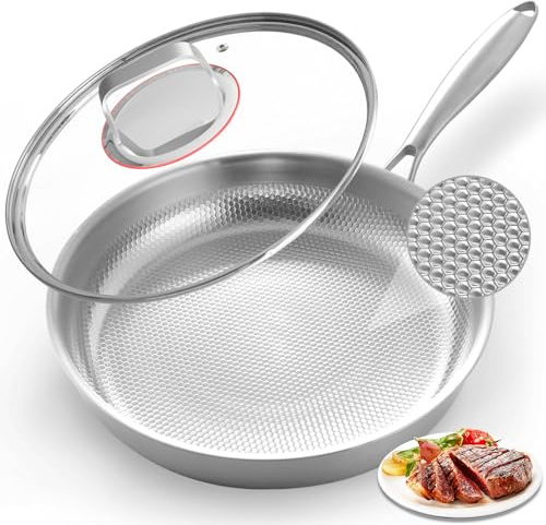 Abijan Edelstahlpfanne 30 cm, Titan Pfanne, Bratpfanne unbeschichtet, Fischschuppen-Oberfläche Für Induktion Gas Elektro, Backofenfest,18/10 Edelstahl Induktionspfanne mit deckel