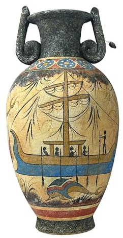 Ánfora minoica griega antigua, jarrón de cerámica hecho a mano con delfín fresco, réplica de cerámica pintada a mano, decoración de arte minoico