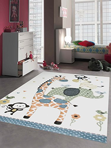 Kinderteppich Spielteppich Babyteppich mit Tiere Elefant Giraffe in Beige Creme Größe 200 x 290 cm