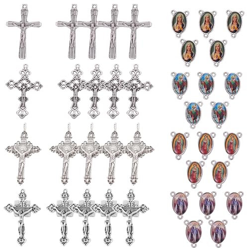 SUNNYCLUE 40PCS Medalla Milagrosa de Cruz Y Centro con Colgantes de Cruz de Crucifijo de Aleación Y Eslabones de Araña Ovalada para Hacer Collar de Cuentas