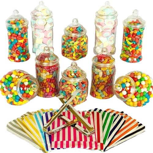 10 Plastic Sweet Jars, 5 styles, 2 tongs, 50 bags for Truly Sweet Candy Buffet (Yellow)