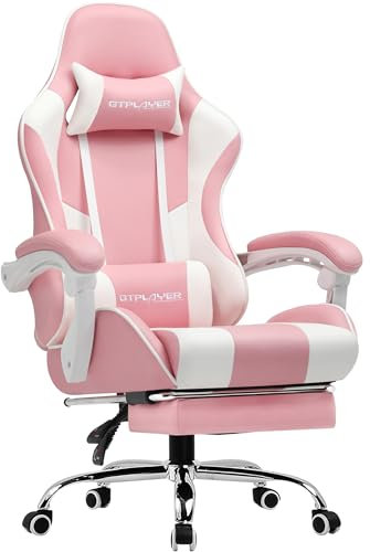 GTPLAYER Chaise Gaming Ergonomique, Fauteuil Gamer, Chaise Bureau, Chaise de Gaming avec Dossier réglable à 135°, Hauteur Réglablerepose-Pieds rétractables, Siege, Simili Cuir Rose