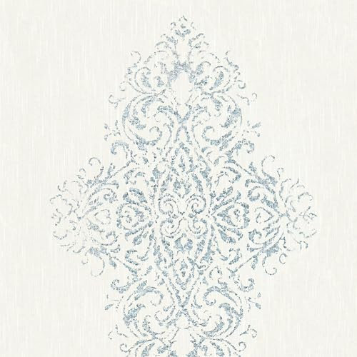 Barock tapet Profhome 319451-GU textiltapet lätt strukturerad med ornament matt vit silver blå 5,33 m2