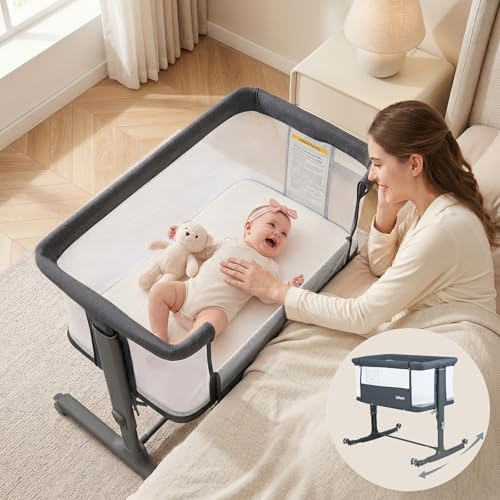 INFANS 3 in 1 Next to Me Crib, Baby Crib with Rocking Mode, Mattress, 10° Incline, Adjustable Height, Travel Bag, Lockable Wheels, Baby Bassinet to Cradle for Newborn (Dark Grey)