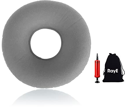 RayE Grand coussin de siège orthopédique, 45 cm, hémorroïdes, gonflable, orthopédique, donut, orthopédique, coussin gonflable doux, avec pompe, gris