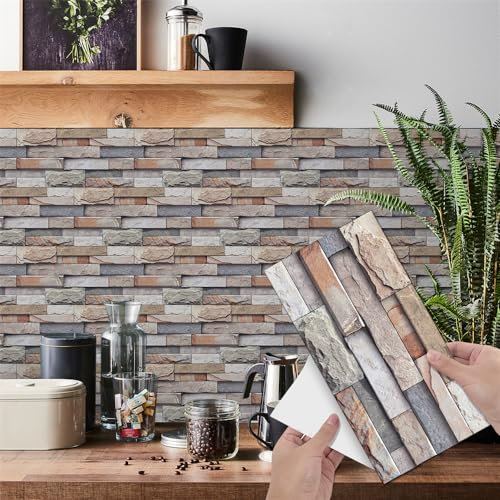 Tile Stickers 14X28 CM Red Brick Stick on Tiles Kitchen Splashback Peel and Stick Floor Tiles 3D Self Adhesive Kitchen Wall Tile Stickers DIY Art Home Decorations