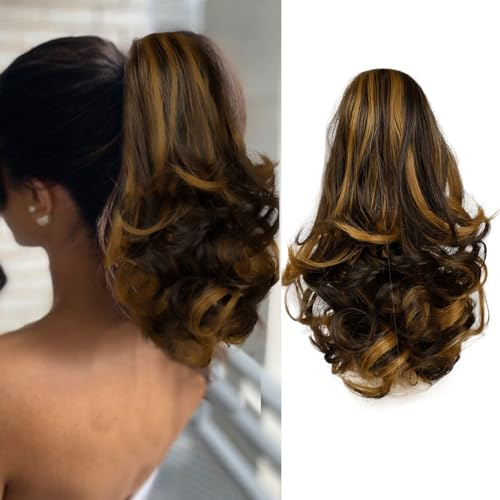 Cybelleza Hårförlängningar, fläta, hårdel, klämma i ponytail Extensions Claw hästsvans, hårförlängning, billig, som äkta hår, vågigt, konsthår, 30 cm, mellanbrun och mörkblond