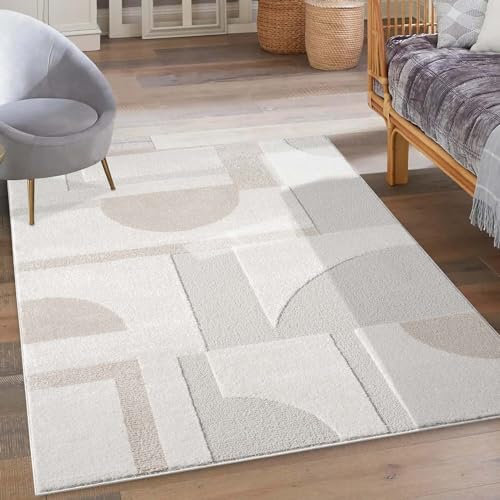 carpet city Kurzflor Teppich Creme - 160x230 cm - Wohnzimmer-Teppiche Hochtief-Muster, 3D-Effekt - Geometrisches Muster - Flachflor Bodenbelag, Deko Schlafzimmer