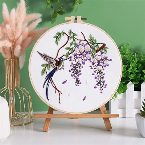 Meecaa Purple Flower Bird Hummingbird Embroidery Kit Starter Set, Hand Embroidery Set,Pattern Printed Cross Stitch Set for Beginner Adults, with Embroidery Hoop and Instructions (Purple)