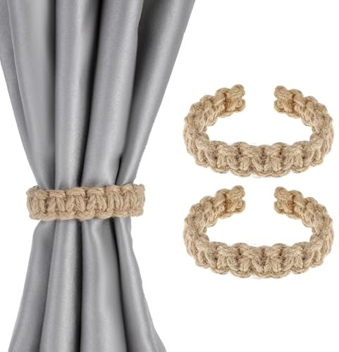 Piriuuo 2 Stück Vorhang Raffhalter, Eflochtene Vorhang-Raffhalter Curtain Rope Buckle Vorhanghalter Boho-Vorhangbänder Leichte Vorhänge Dekorationszubehör für Office Wohnzimmer Schlafzimmer, Holzfarbe