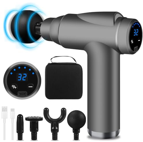 BUOAZR Massagepistole, mit 32 Geschwindigkeiten bis zu 3500U/min und 6 Massageköpfen, Mini Elektrisches Massagepistole mit LCD-Bildschirm zur Körper Muskel Massage Entspannen(Grau) (Grau, 4)