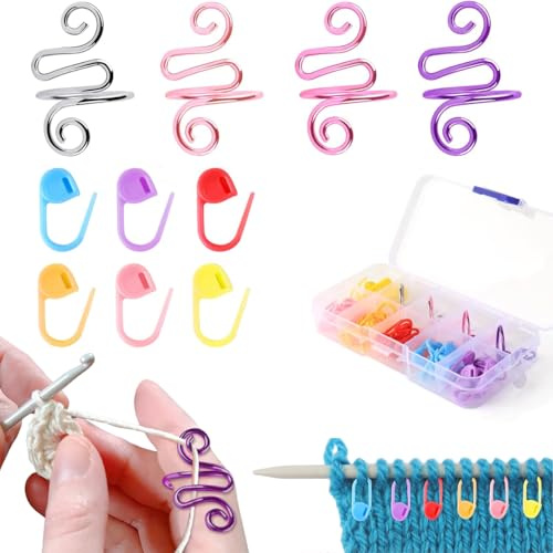 FANGWSSIBEI 60Pcs Stitch Markers Crochet & 4Pcs Crochet Tension Rings, Crochet Set with Adjustable Knitting Thimble Rings and Knitting Markers, for Beginner Sewing DIY Handmade (with Storage Box)
