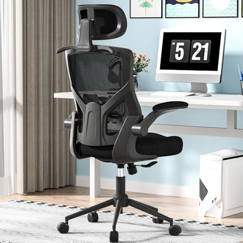 FOKESUN Sedia da Ufficio Ergonomica con Poggiatesta Regolabile e Supporto Lombare – Sedia Scrivania Alta con Schienale in Rete, Attaccapanni e Funzione di Bloccaggio (Nero)