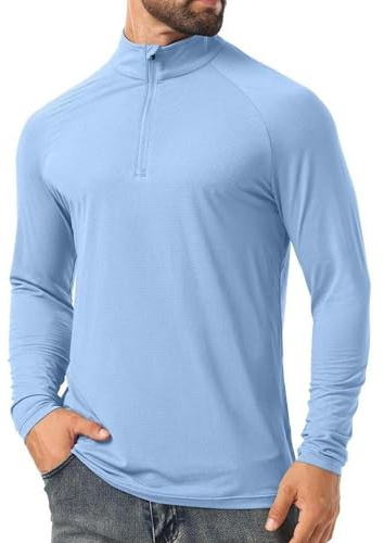 QIXING Camisas de protección solar UPF 50+ para hombre, manga larga, con cremallera de un cuarto, para exteriores, pesca, senderismo, camisetas de protección contra erupciones, azul claro, M