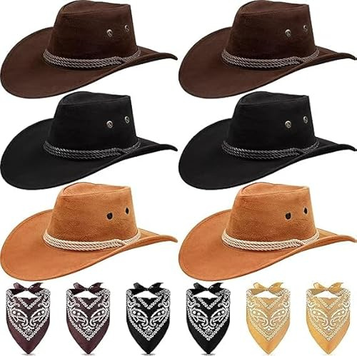 MALLOOM 6 Chapeaux et Bandanas de Cowboy – Déguisement Western Classique pour Hommes et Femmes (Couleurs Classiques)