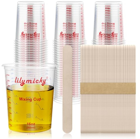 Lilymicky 16 oz Plastic Mixing Cups, 50 Pack 16 oz (500ml) Disposable Measuring Cups with 50 Wooden Mixing Sticks, Can Be Used for Epoxy Resin, Liquid Measuring, Paint, Cooking and Baking
