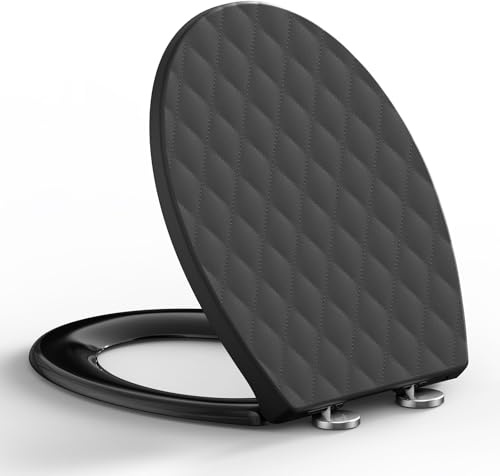 SRWOHS PRO Oval Soft Close Toilet Seat - Quick Release PP Diamond Design Black Loo Seat, Removable Toilet Lid,Top Mount, Universal Bathroom Toilet Bowl,Installation Template Included, 44.6 x 37.1 cm