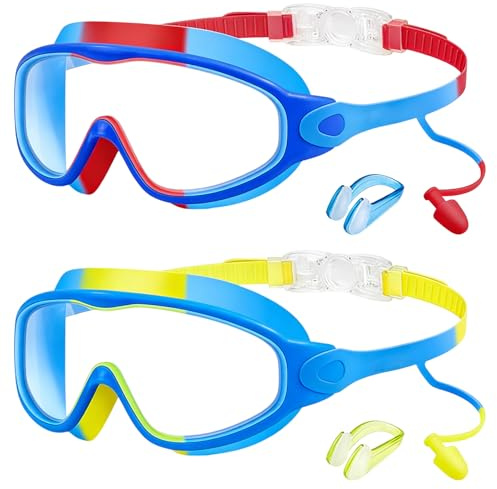 JSTHHTT 2 Pièces Lunettes Piscine Enfants, Lunette Piscine Enfant, Lunettes de Natation, Ajustement Confortable, Anti-buée Pas de Fuite Vision Claire Lunettes de Piscine pour les 3-15 Ans