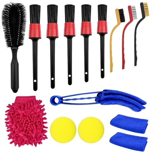 Ravytha 15 Pezzi Kit Pulizia Auto Moto, Guanto Lavaggio Auto, Spazzola Cerchi, Pennelli Detailing, Spazzole Cerchioni, Panni in Microfibra, per Interni, Esterni, Ruote, Motore, Finestrini