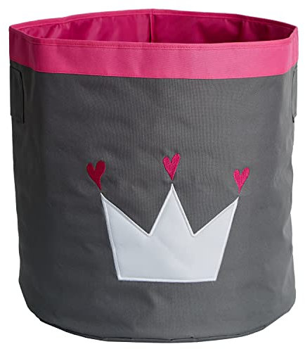 Love IT Store IT Aufbewahrungskorb rund - Auch geeignet als Wäschesammler - Aus Stoff, robust und stabil - Grau mit weißer Krone - 44x44x44 cm