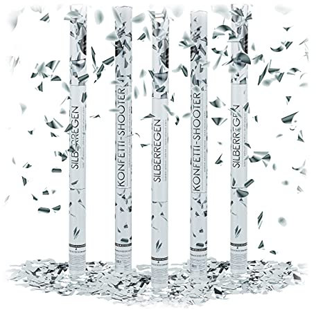 Relaxdays 5 x Party Popper 80 cm im Konfettikanonen Set, Konfetti Bombe für Hochzeit und Geburtstag, Konfetti Shooter, 6-8 m Effekthöhe, Silber metallic