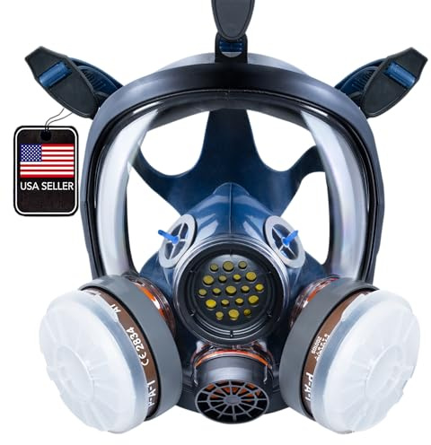 PD-100 Full Face Respirator Mask – Industrial & Survival Mask with Dual P-A-1 Organic Vapor & Particulate Filters, EN136:1998 CL2 Certified, Tyvek & Hazmat Suit Compatible