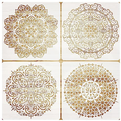 VETPW 4 Große Stencil Mandala Stencil Schablonen Zeichnen Set, Kunststoff Wiederzuverwendend Zeichenschablonen Vorlagen Planer Schablonen für Fußböden, Fenster, Möbel, Holz, Wanddeko, 30x30CM