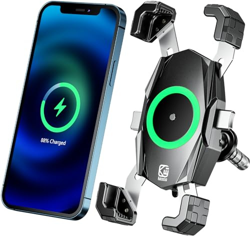 Kewig Motorcycle Fork Stem Phone Mount with Qi 15W Wireless Charger & USB C 20W Fast Charging Port, One-Push Automatically Lock & Quick Release Handlebar Phone Holder for 4.0-6.9 Phone