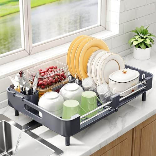 Kitstorack Erweiterbares Abtropfgestell, geschirrabtropfgestell Edelstahl mit Abnehmbarem Besteckhalter schwenkbarem Abfluss, und Tellerregal, Grau