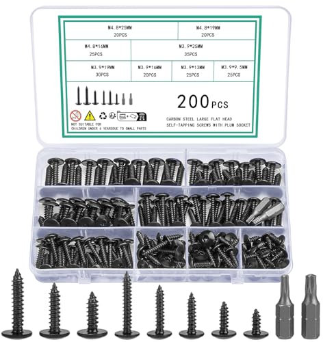 Vwoqiy 200 Pièces M4.8 M3.9 Vis à Autotaraudeuses, Visser à Torx, Vis a Bois à Tête Torx Autoperceuses à Tête Cylindrique, Visser à Tête Bombée Noires pour Réparation, avec 2 Embouts