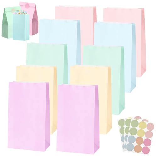 30Pcs Macaron Gift Bag Paper Pastel Party Bags for Kids,Adult,Small Birthday Party Favour Goodie Candy Sweets Bag,Kraft Paper Bags with 36 Stickers for Presents,Xmas,Wedding Easter Parties