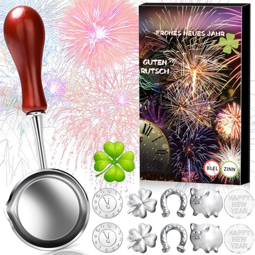11 Teiliges Zinngießen Set Silvester, mit 10 Zinngießen und 1 Löffeln(mit Deutungen), die gesunde Alternative zum Bleigießen, für Silvester Spiele, Silvestergießen, Wahrsagerei, Partyspiel