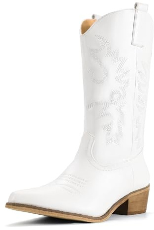 IDIFU White Cowboy Boots for Women Cowgirl Western Mid Calf Embroidered Chunky Low Heel Pointed Toe Country Dress Cute Fashion Comfortable Boots Booties(White Pu, 7.5)