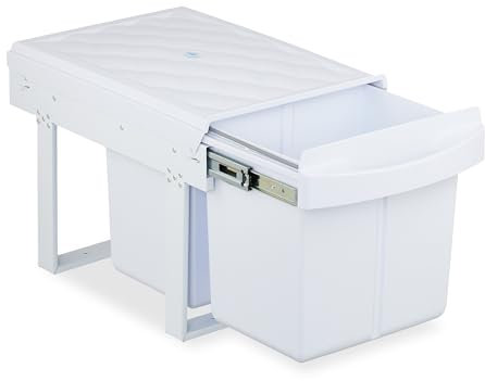 Relaxdays Einbaumülleimer, 2 Fächer, 2X 15 l, HxBxT: 34,6 x 34 x 51,8 cm, ausziehbar, Müllsystem Unterschrank, weiß