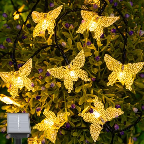 Isisyu Catena di luci solari per esterni, con farfalla, 5 m, 20 LED, per esterni, a energia solare, resistente alle intemperie, con timer, 8 modalità, IP65, impermeabile, per giardino, balcone