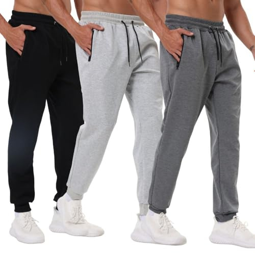 Bsrpolry Lot de 3 pantalons de sport athlétiques pour homme avec poches zippées, pantalons de survêtement pour gym et entraînement pour homme, pantalons de jogging, XL