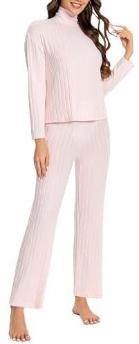 Nutria Conjunto de pijama de micropolar a rayas de manga larga para mujer con cuello alto, ropa de dormir suave para mujer, ropa de casa elástica para otoño e invierno, camiseta interior y ropa de