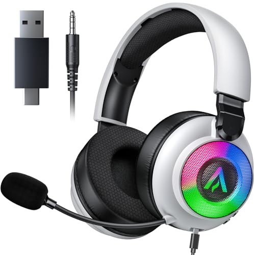 Cuffie da gioco wireless per PS5 PS4 - 2,4 GHz, suono surround 7.1, microfono con cancellazione del rumore, luci RGB, batteria 40H+, audio senza perdite, comode cuffie over-ear per PC, Switch, Xbox