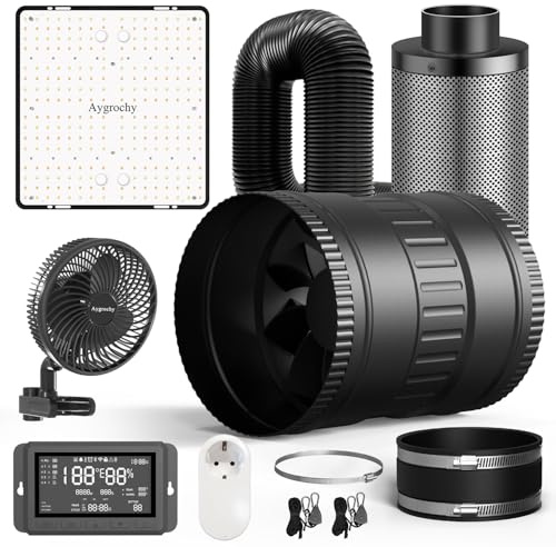 Aygrochy Chambre de Culture Tente de Culture Kit Complet avec Lampe de Croissance LED 100W Evo, Système Ventilation,Ventilateur Droit de 150 mm et Filtre à Charbon Actif