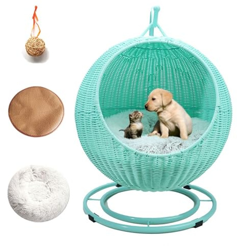 Lit balançoire pour animal de compagnie avec support et coussin – Chaise œuf d'intérieur et d'extérieur pour chats, chiens et petits animaux – Hamac suspendu en rotin pour chambre et porche