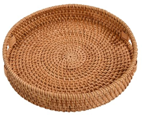 Astralong Vassoio da Portata Rotondo in Vimini Rattan, Vassoio Tondo Intrecciato a Mano, Vassoio Decorativo con Manici per Bevande, Colazione, Tè, Candele (φ30cm)