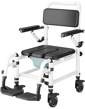 NJUN Chaise Percée à roulettes en Alliage d'Aluminium, Fauteuil Roulant Douche Mobile avec Repose-Pieds, Accoudoirs Relevables et Seau Amovible, Siège Toilette et Douche pour Adultes Handicapés