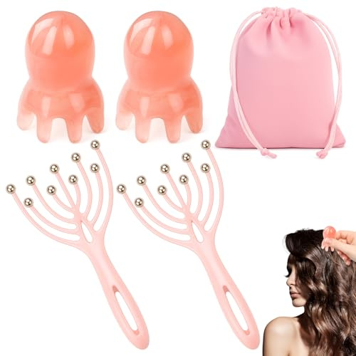 5 Pcs-Set Scalp Massager, Pink Head Massager, Chinese Spa Tool for Deep Relaxation, Relaxing Scalp Massage Tools for Stress Relief and Hair Care, for Women Men Adults(Pink)